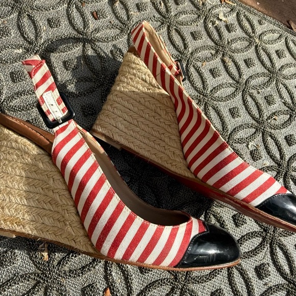 Christian Louboutin Red and Black Heels with Striking Stripes - Picture 1 of 8